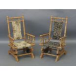 A pair of American design beech wood rocking chair, with pad backs and seats in tapestry