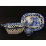 A blue and white chestnut basket, a pierced dish and a tea bowl