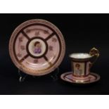 An Austrian porcelain cabinet trio, the pink glaze with portrait reserve, inscribed verso with a
