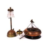 An unusual copper ceiling light, a brass wall mounted gas light and another