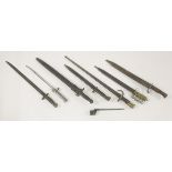 Eight various WWI and WWII bayonets including, a 19th century French Gras bayonet in scabbard, a