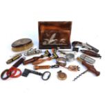 Sundries: powder and shot measures, lighters, steel key, silver napkin rings, corkscrews,