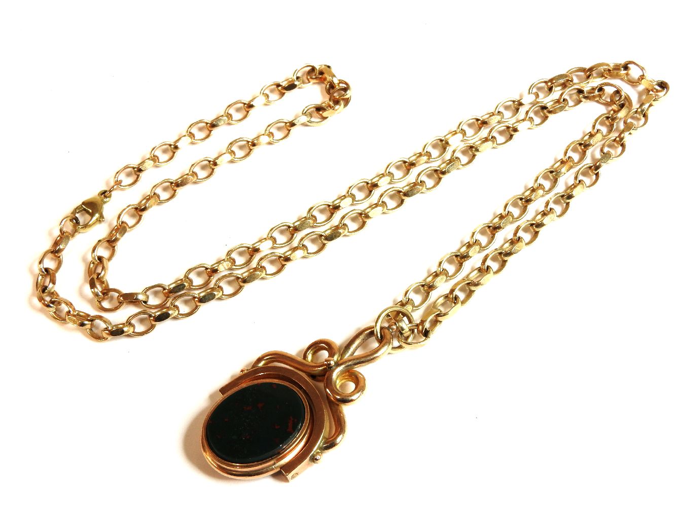 A 9ct gold filed belcher chain, with a gold bloodstone and locket swivel fob, 32.73g