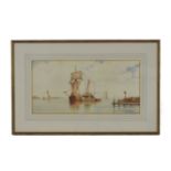 Frederick James Aldridge (1850-1933)BOATS OFF A WOODEN JETTYSigned l.r., watercolour.23.5 x 47cm