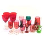 Six cranberry glasses, a Cranberry jug, and a smaller one, two goblets, etc. (17)