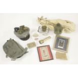 Sundry military items, water bottle, miniature helmets, Queen Mary gift tin, torch, mess tin, etc