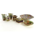 Two Royal Doulton series ware miniature jugs, a Romeo vase and ashtray, a Royal Minton dish, a