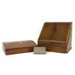 An oak desk stationary box, a pewter inlaid writing slope and an Anglo Indian casket, 12cm