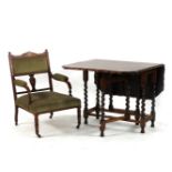 An Edwardian inlaid mahogany armchair, together with an oak gate leg table