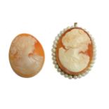 A 9ct gold mount oval shell cameo pendant/brooch, set with cultured pearl border, together with