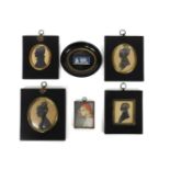 Four 19th century portrait silhouettes, a portrait of a girl, miniature on ivory, c.1900, and a