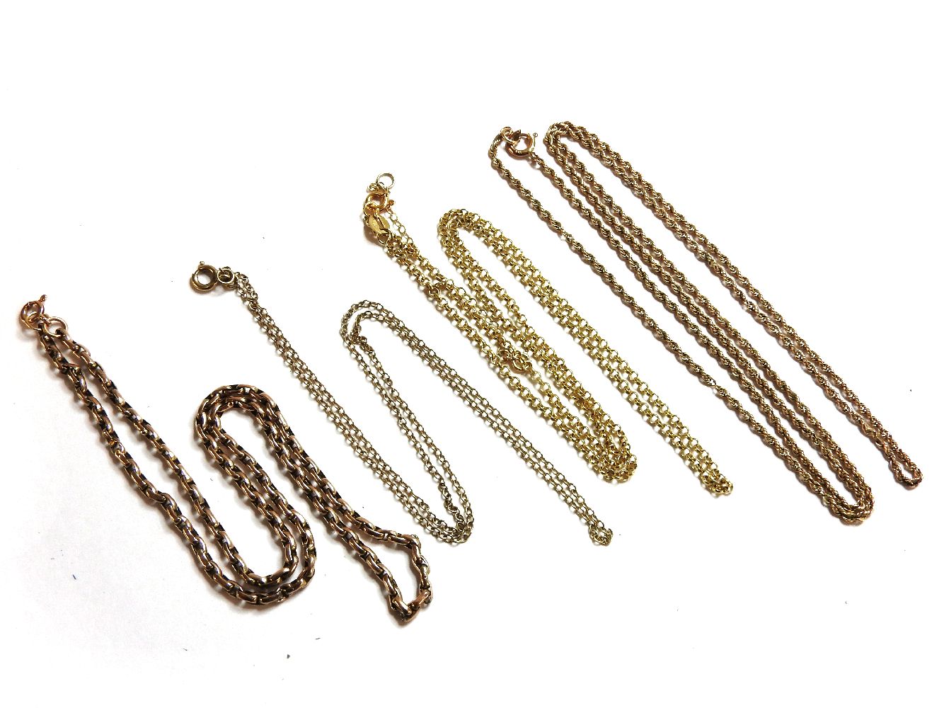 A gold belcher chain, marked 375, a 9ct gold belcher chain, a gold rope chain, marked 9ct, and a