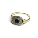A gold sapphire and diamond square cluster ring, tested as approximately 18ct, 2.16g
