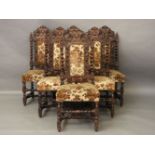 A set of six Victorian 17th century design carved oak dining chairs, on stretchered supports