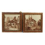 Two framed Minton tiles, medieval townscapes, each 15cm square