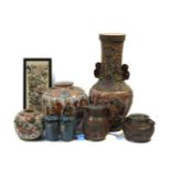 A pair of Japanese cloisonne vases, a Chinese Yixing teapot, and a coffee pot, a Chinese embroidery,