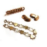 A gold curb link bar brooch, marked 9c, a pair of 9ct gold oval cufflinks, a 9ct gold heart link