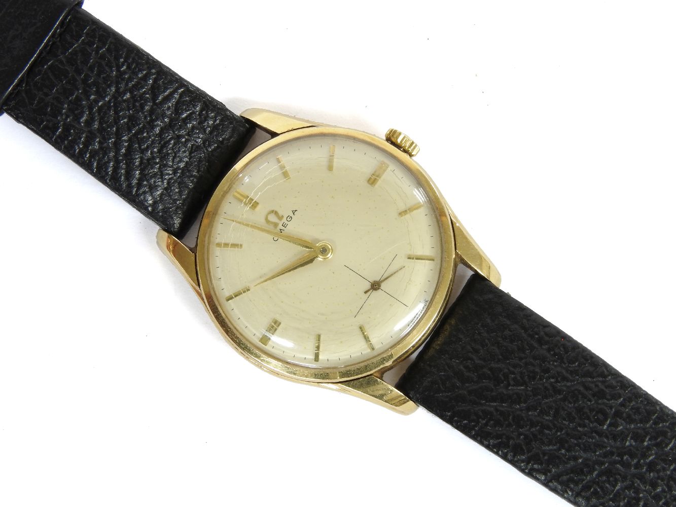 A 9ct gold gentleman's Omega mechanical strap watch, with cream dial and gilt baton numerals, - Image 2 of 2