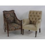 An Edwardian inlaid mahogany armchair, together with an early 20th Century button backed armchair