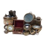 An 92B brass cased compass, No.54209E, a collection of smaller compasses, a ships binnacle, and