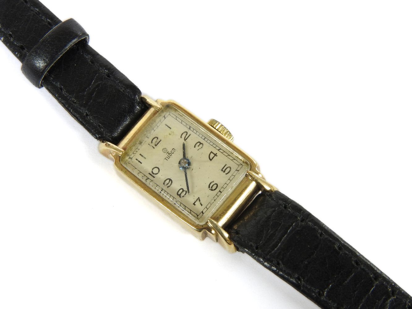 A ladies 9ct gold Tudor mechanical strap watch, rectangular face, with cream dial and Arabic - Image 2 of 2
