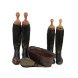 Two pairs of leather riding boots, a coopered wooden bowl and a pair of bellows