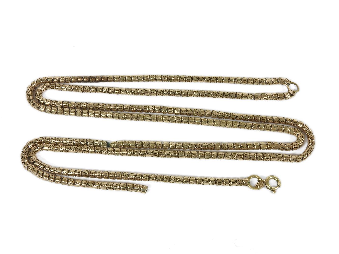 A Victorian gold guard chain, tested as approximately 9ct, some fittings not gold, 22.47g