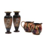 A pair of 20th century Doulton Lambeth china gilt vases, 28cm high, and a pair of Stanley Jacobean