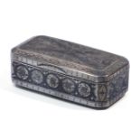 A Russian silver and niello rectangular silver snuff, the rectangular top with foliate decoration