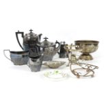 A silver plated four piece tea set, a rose bowl, and other items