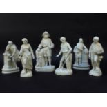 Six Parian ware figures, a pair of a boy and a girl, a street sweeper, a woodman, and two of William