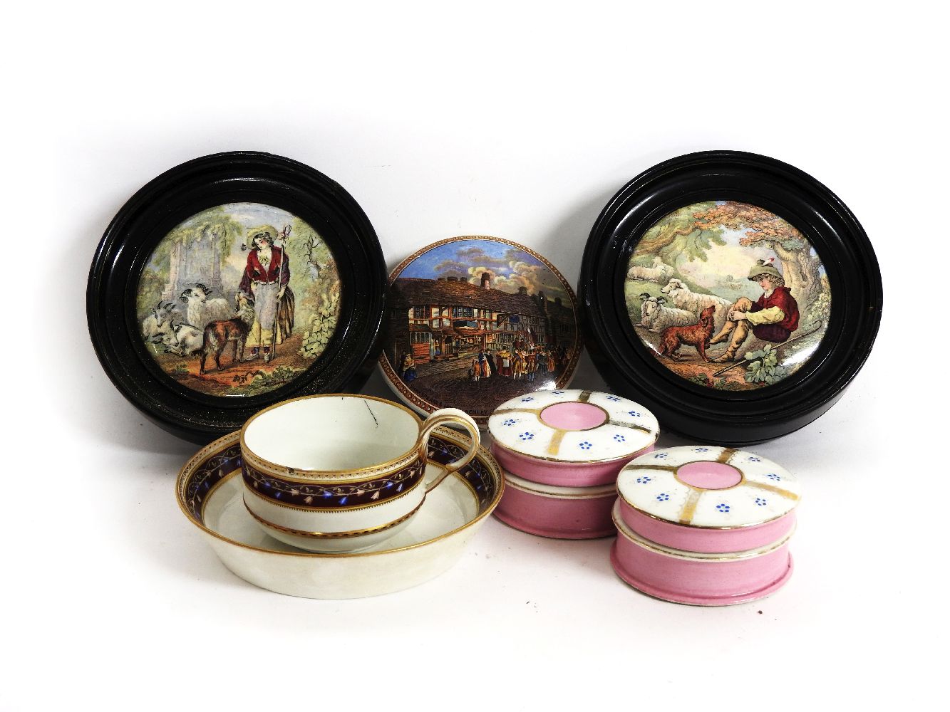 A pair of 19th century pot lids depicting rural scenes, one other pot lid of a country Inn, a 19th