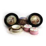 A pair of 19th century pot lids depicting rural scenes, one other pot lid of a country Inn, a 19th