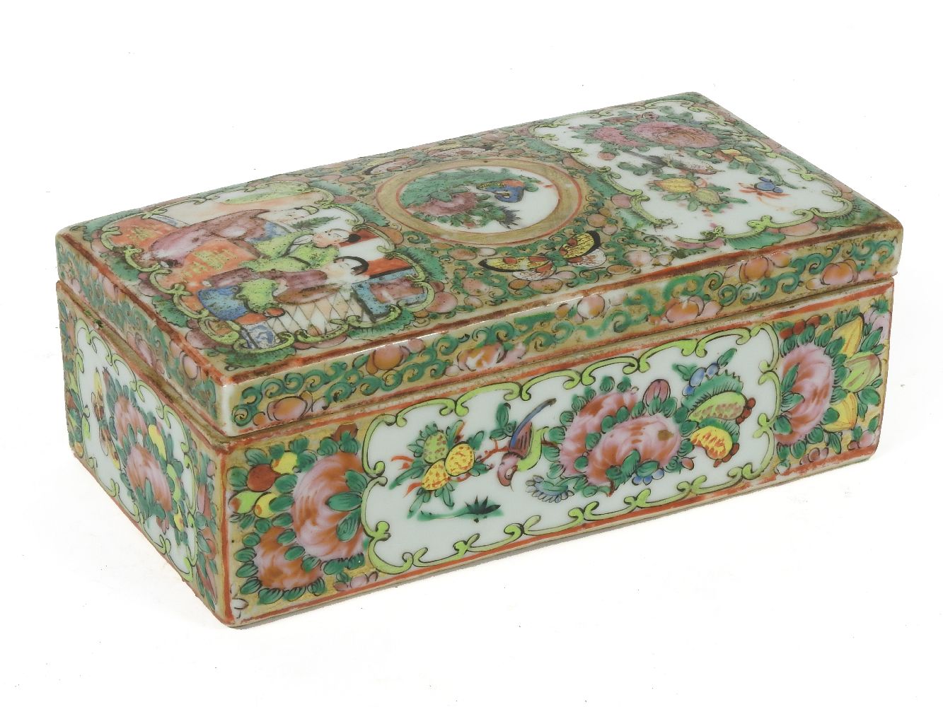 A Canton enamelled toilet set box, late 19th century, painted with panels of flowers, birds and