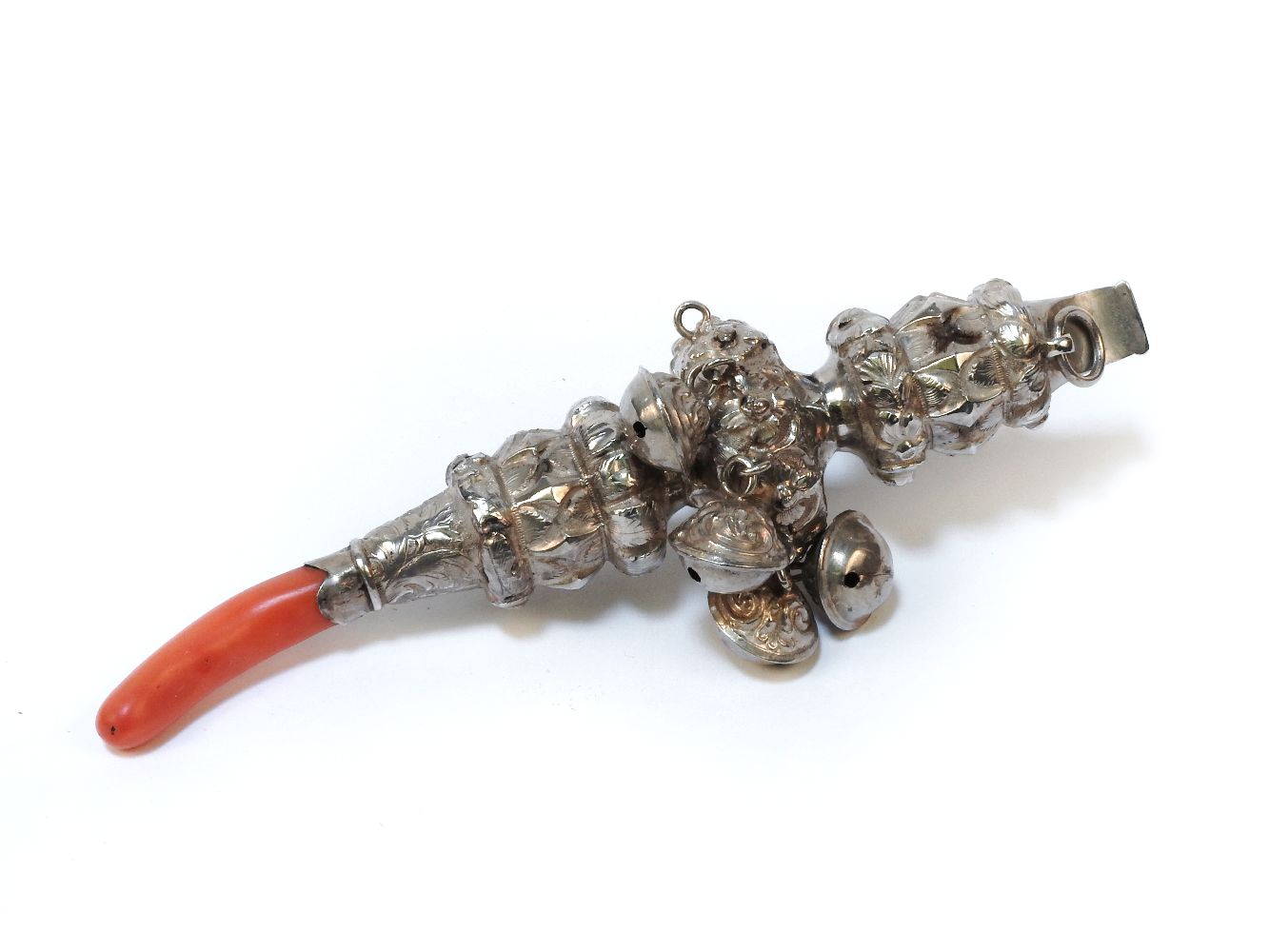 Victorian silver and coral combination teether, whistle, and rattle, Birm 1859