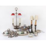 Three silver plated tureens and covers, a pair of plated candlestick table lamps, pair of dwarf
