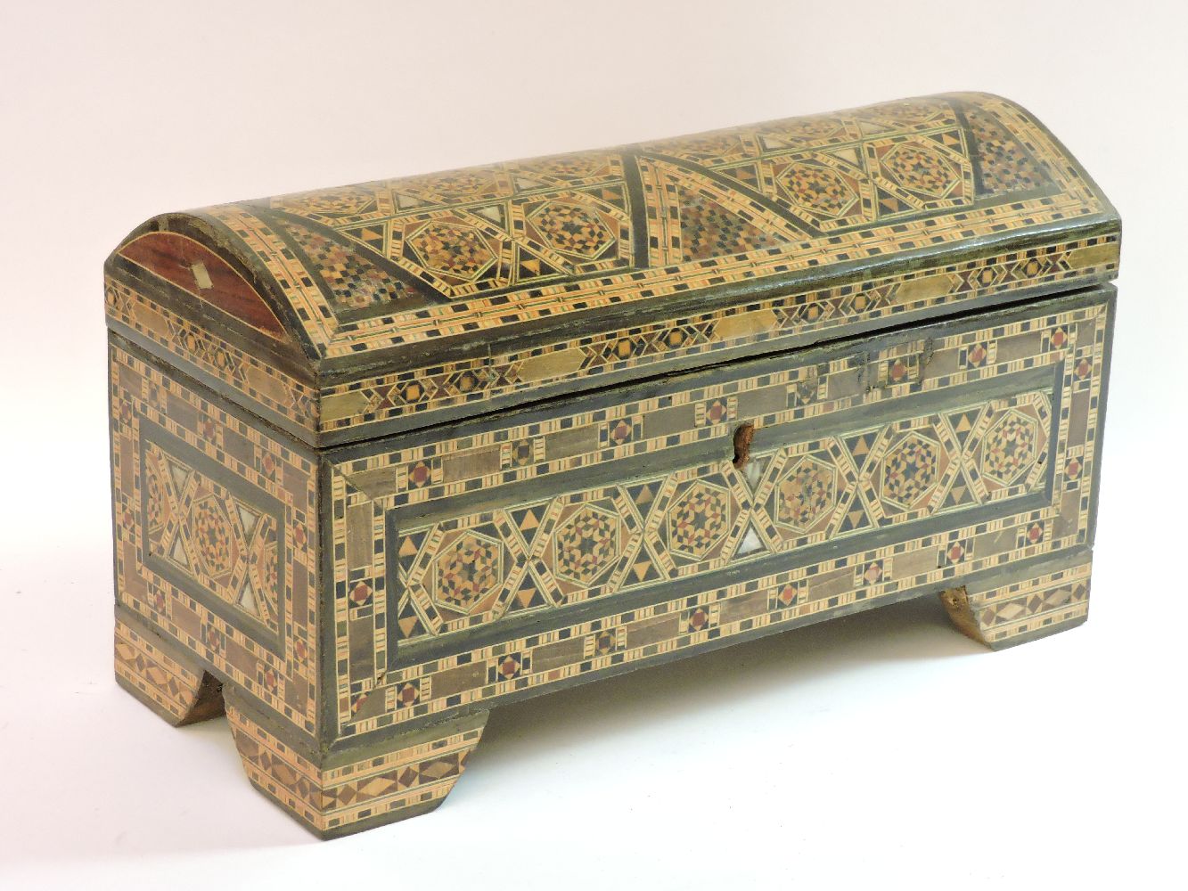 An early 20th century Damascus ware dome topped casket, with mother of pearl inlay, 39.5cm