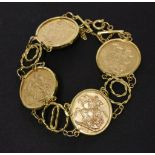 A four sovereign bracelet, the coins dated 1911, 1912, 1913 and 1914 in 9 carat gold mounts