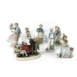Six Lladro figures of children, and a Capo Di Monte group of photographer's, two with damage