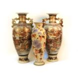 A pair of Satsuma vases with Samurai decoration, 6cm high, and an opalised floral decorated vase