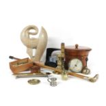 A silver mounted walking stick, two bells, a Chinese bowl and cover, a soapstone sculpture etc
