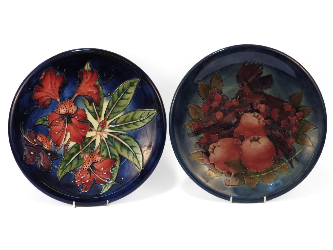 Two modern Moorcroft charger finches, and another, 35.5cm diameter (2)