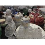 Victorian porcelain tea and dinner wares, cranberry glass claret jug, etc