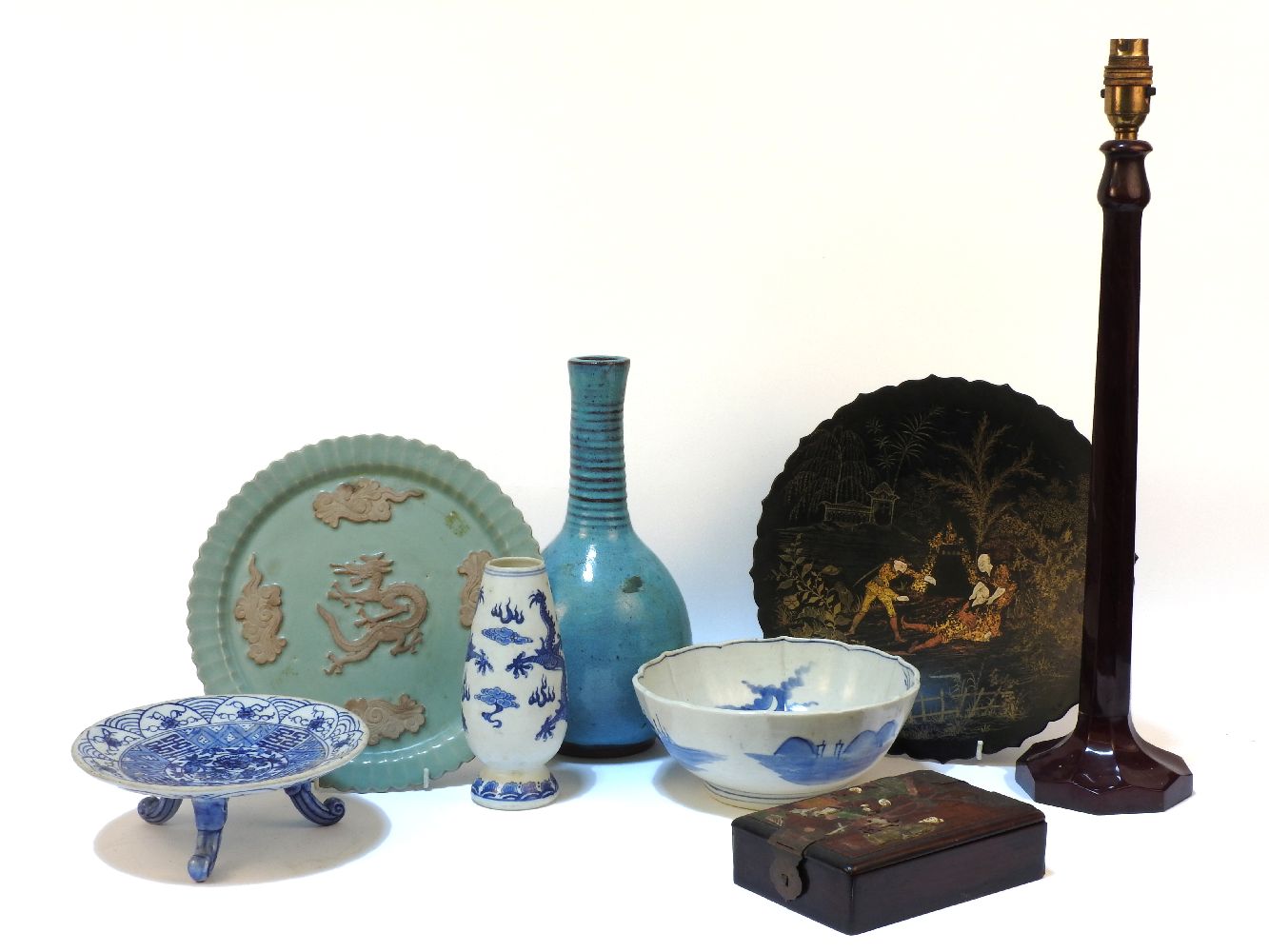 A quantity of various Chinese items, to include a Robins egg glaze bottle vase, 30cm tall, a celadon