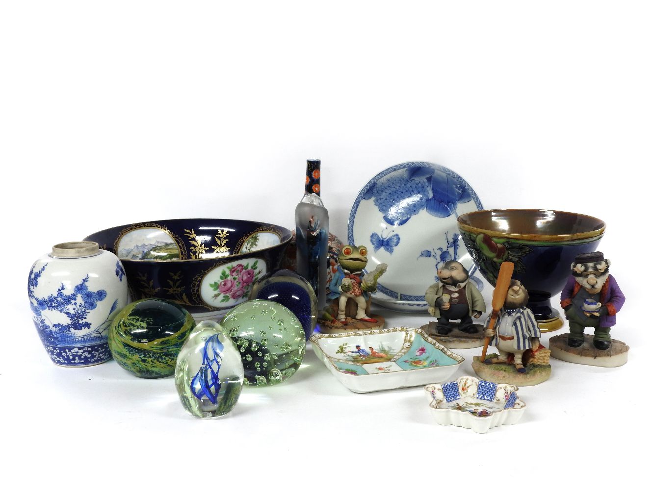 A collection of mixed ceramics, a painted bowl with Scottish scenes, a Royal Doulton stoneware fruit