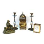 Various metal items, comprising: a brass lantern clock, with carriage movement, 26cm high, another