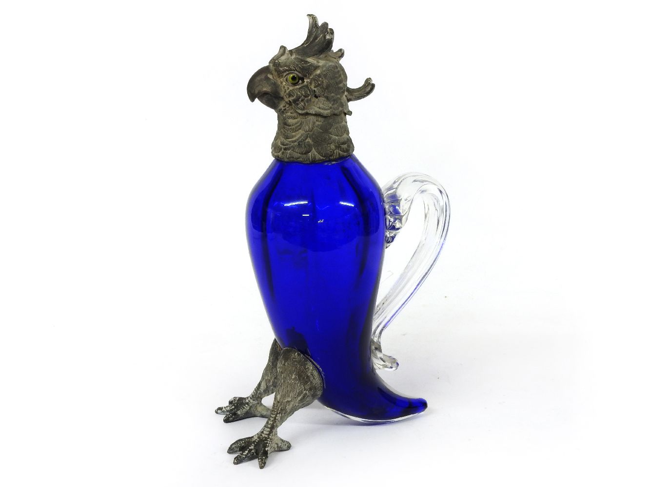A Claret jug, modelled as a parrot, glass eyes, blue glass body, 28cm high