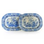 A pair of blue and white painted meat dishes, centred with exotic birds and a turkey, within a