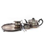 A silver plated three piece tea set, with half reeded ovoid body and gadrooned border, together with