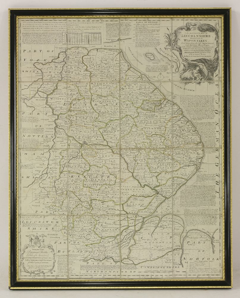 Emanuel Bowen,Lincolnshire divided into its wapontakes,18th century, hand coloured map,72.5 x 53cm